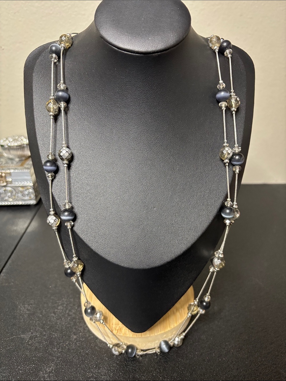 Long Gray Blue Glass Beaded Station Silver Tone Necklace Silver Accents